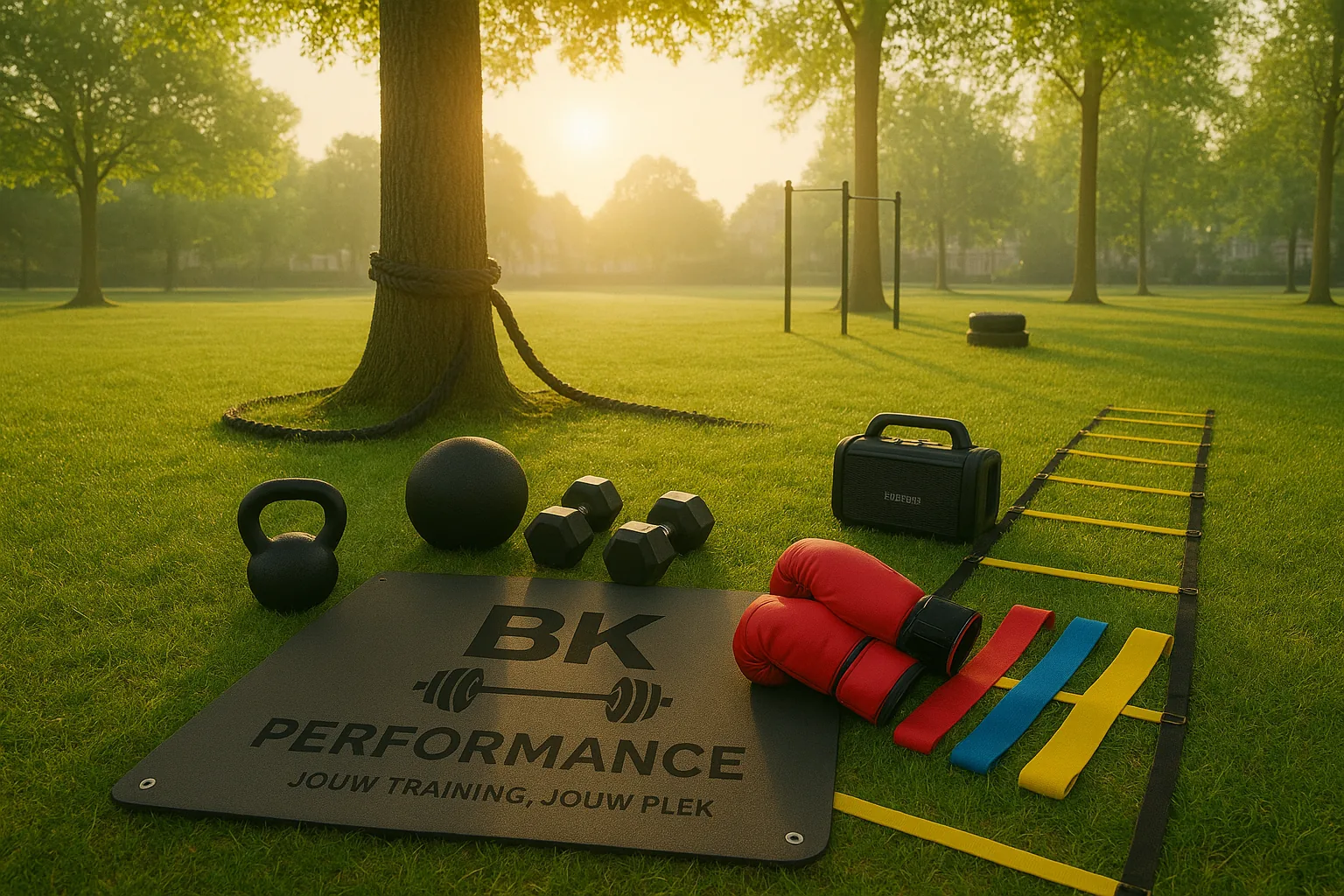 Trainingsmateriaal van BK Performance op een buitenlocatie